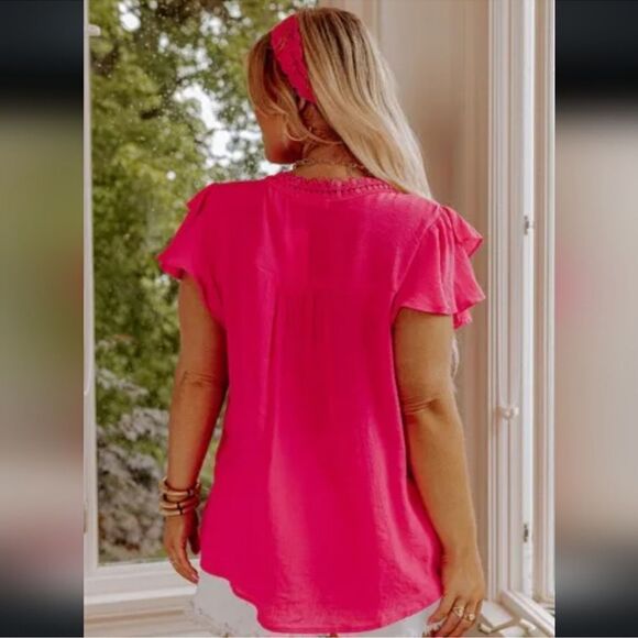 Fuchsia Pink 2X Short Flutter Sleeve Button Front Lace Crochet Detail Blouse - Picture 2 of 9